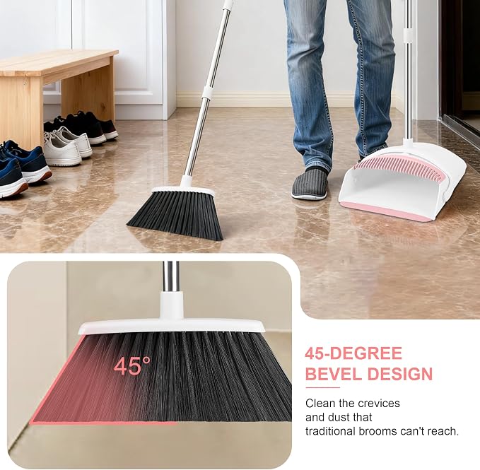 Broom with Dustpan Combo Set for Home, 52-in Long Adjustable Handle Angle Broom and Dustpan Set with Dustpan Comb Teeth for Sweeping Pet Hair Food Dirt Kitchen (White-Pink)