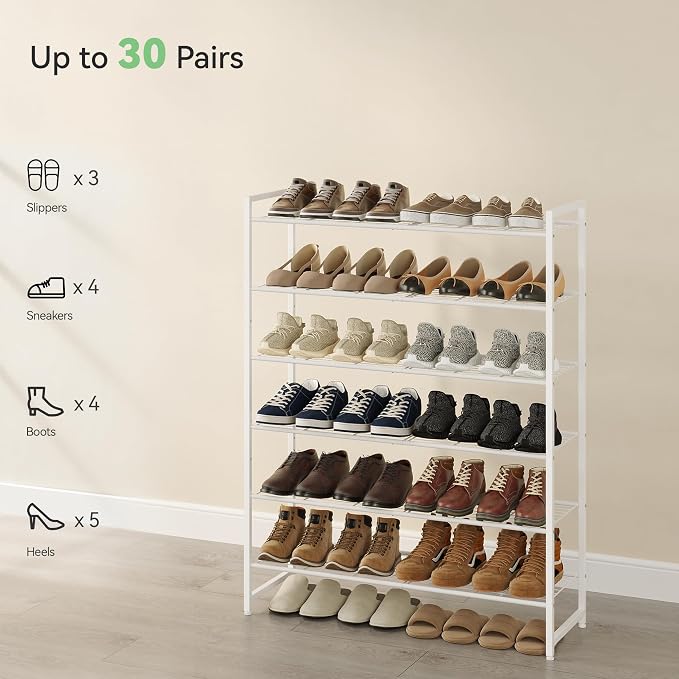 Nunsino Shoe Rack, Metal Shoe Organizer, 6 Tier Garage Shoe Rack Max Holds 30 Pairs,Shoe Storage Shelf for Closet,Entryway,White
