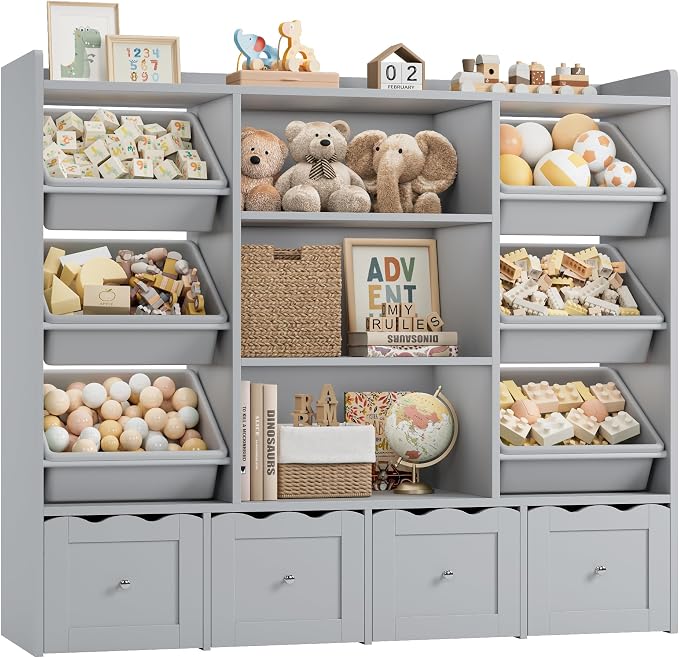 HITHOS 55" W Kids Toy Storage Organizer with 10 Toy Box & Book Shelf, Gray | Large Toy Organizers and Storage with Kids Bookshelf & 6 Plastic Toy Chests & 4 Movable Drawers for Kids Room, Playroom