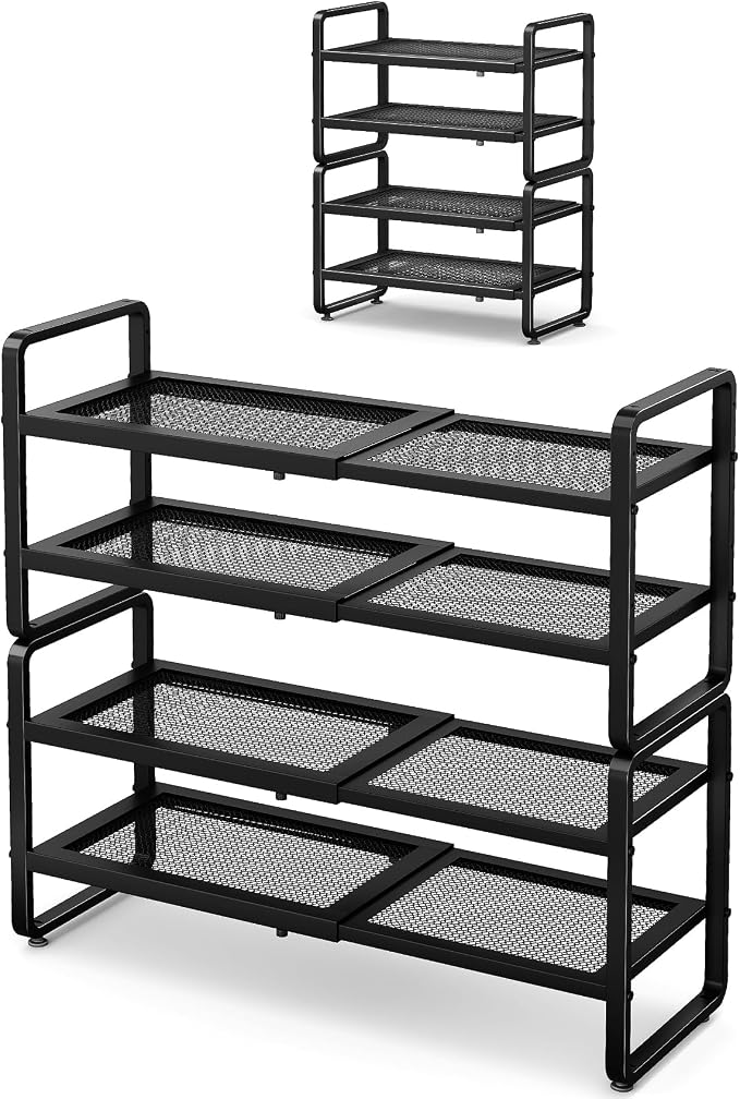 SNTD Shoe Rack - Expandable Shoe Organizer for Closet, Adjustable Metal Shoe Shelf Storage, Stackable Long Shoe Stand Holder for Garage, Entryway, Door Entrance (Black, 4-Tier)