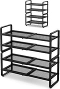 SNTD Shoe Rack - Expandable Shoe Organizer for Closet, Adjustable Metal Shoe Shelf Storage, Stackable Long Shoe Stand Holder for Garage, Entryway, Door Entrance (Black, 4-Tier)