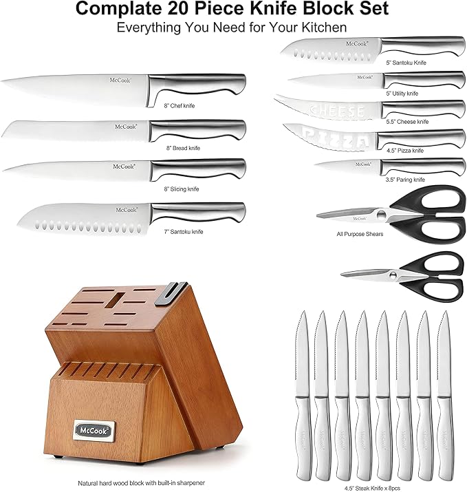 McCook Knife Set Kitchen Steel Knife Block Set w Built-in Sharpener | German Forged Stainless Steel, 20 PC,Razor Sharp, Anti-Rust,Restaurant Grade,Ergonomic Handles,Full Tang,Gift Box