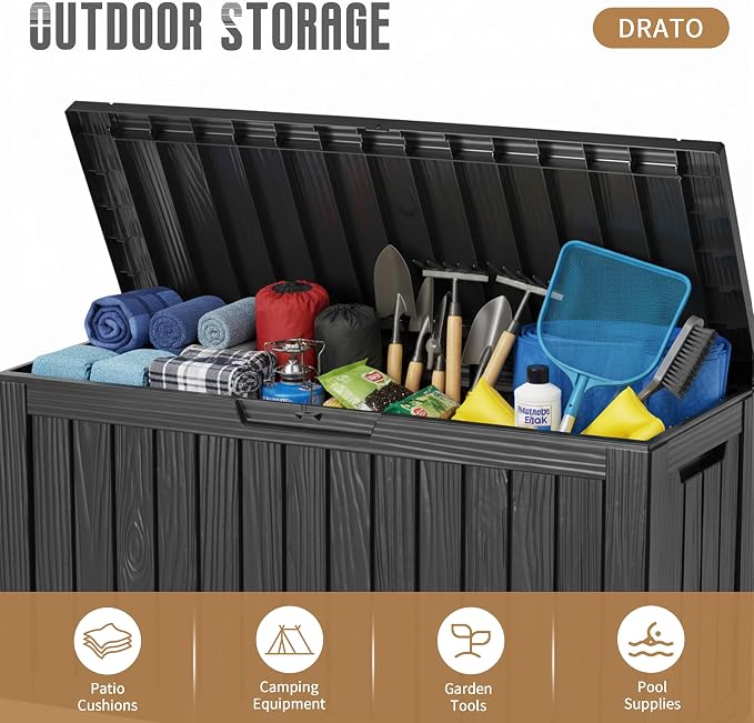 DRATO 100 Gallon Deck Boxes Outdoor Waterproof Storage Box with Wheels | Lockable Weatherproof Resin Outside Patio Storage Box for Backyard Furniture Pool Supplies Garden Tools, Black
