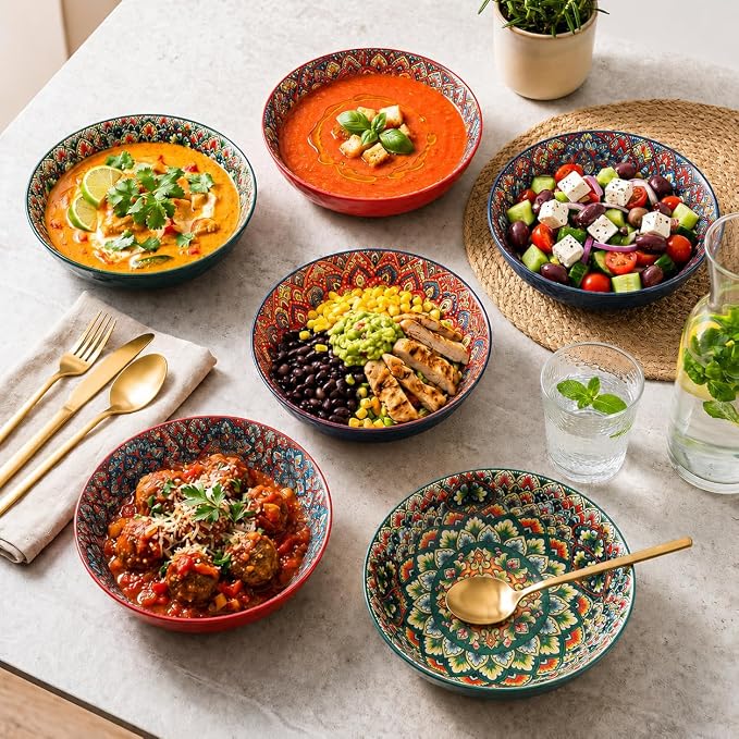 32 oz Pasta Bowls Set of 6, Large Ceramic Colorful Deep Plates, Bohemian Style Soup Salad Bowls, Dishwasher & Microwave Safe for Kitchen, Boho Vibrant Dinnerware