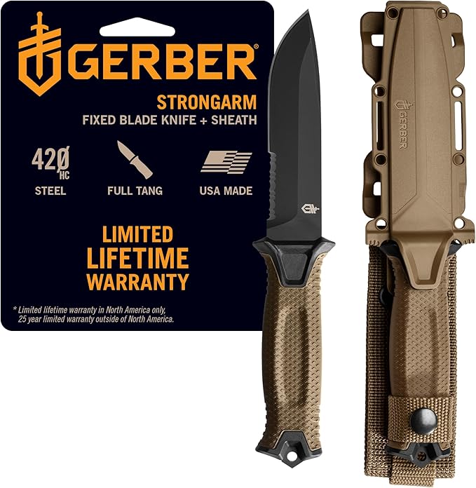 Gerber Gear StrongArm - Fixed-Blade Camping & Hunting Knife with Striking Pommel & Sheath - Premium Survival Gear - Made in USA - Coyote Brown, Serrated Edge