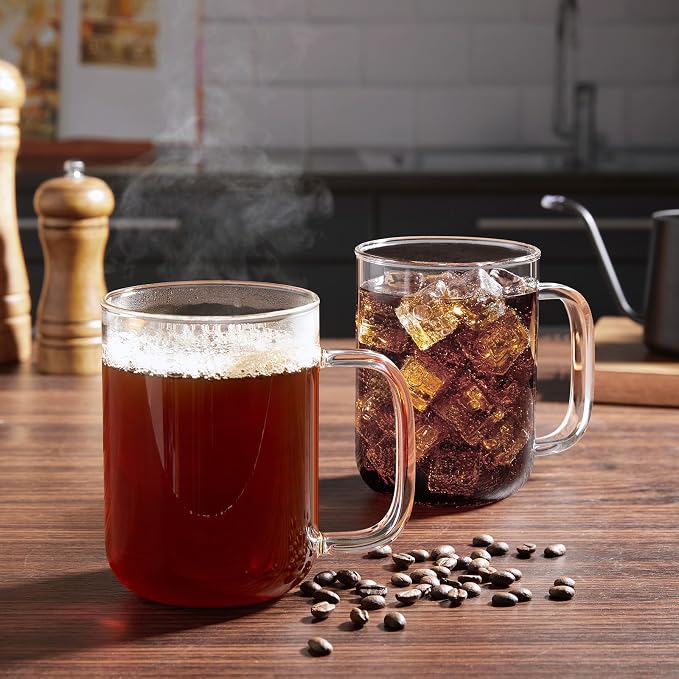 Glass Coffee Mugs, 24 oz Ice coffee cups, Large Clear Tea Cups Set of 4, Glass Mugs with Handles, Glass Cups for Latte, Cappuccino, and Tea
