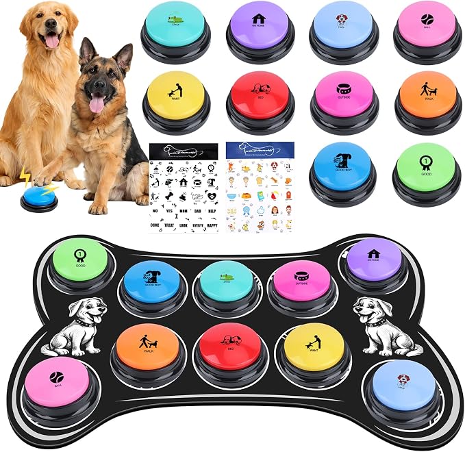 Dog Buttons for Communication,10 Pcs Talking Button Set with 30s Recordable Voice Pet Training Buzzers with Mat & 2 Stickers, Talking Buttons for Dogs & Cats (Batteries Not Included)