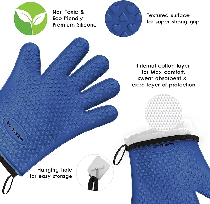 KITCHEN PERFECTION Silicone Smoker BBQ Gloves - Heat Resistant Oven Mitts | Waterproof, 5-Finger Design For A Better Grip, for Pitmasters, Meat Smoking, Grilling, Cooking, Frying Turkey | Grill Gift