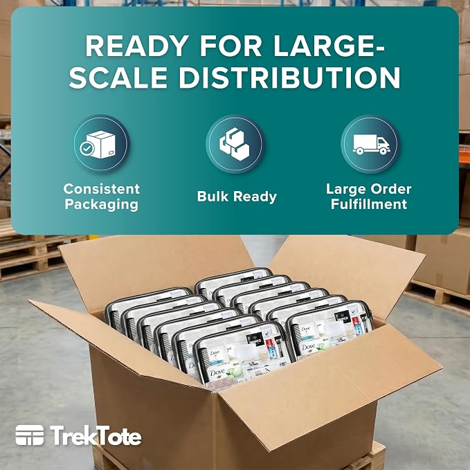 TrekTote Bulk 10 Piece Hygiene Kit Travel Size Toiletries Kit, Care Package, Mini Deodorant Shampoo Toothbrush Toothpaste, Clear Bag 5 Pack