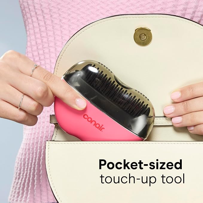 Conair Ceramic Ionic Smoothing Brush, Portable Frizz Control Styling Brush for Shine, 2 Heat Settings up to 360°F, USB-C Rechargeable, Travel-Friendly with Protective Cover, Hot Pink/Black, CR80