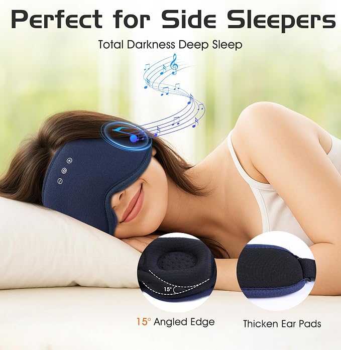 Bluetooth Sleep Mask with 2 Removable 3D Contoured Cup, Bamboo Cotton Sleeping Headphones for Side Sleepers with Timming Setting, Blackout Eye Mask for Sleeping Travel Meditation Men Women(Navy Blue)