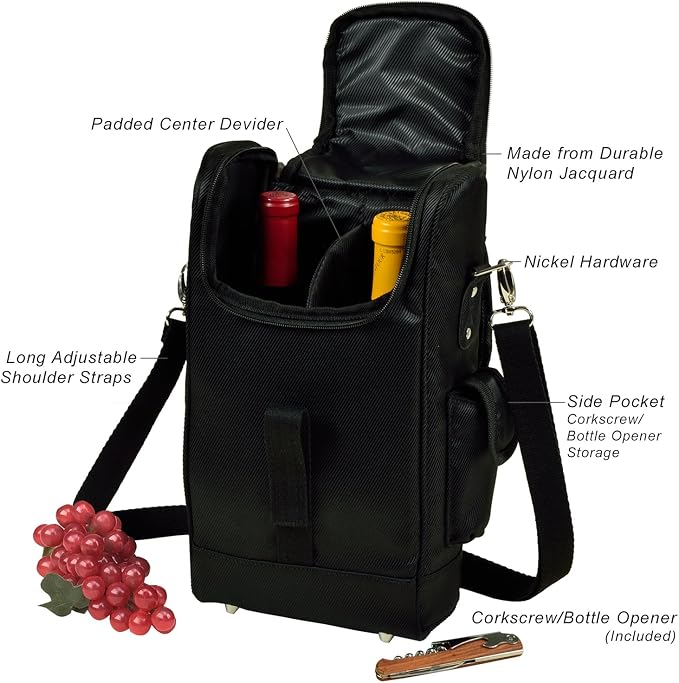 Picnic at Ascot Personalized Monogrammed Stylish Insulated 2 Bottle Wine Tote Bag with Corkscrew- Designed & Assembled in the USA