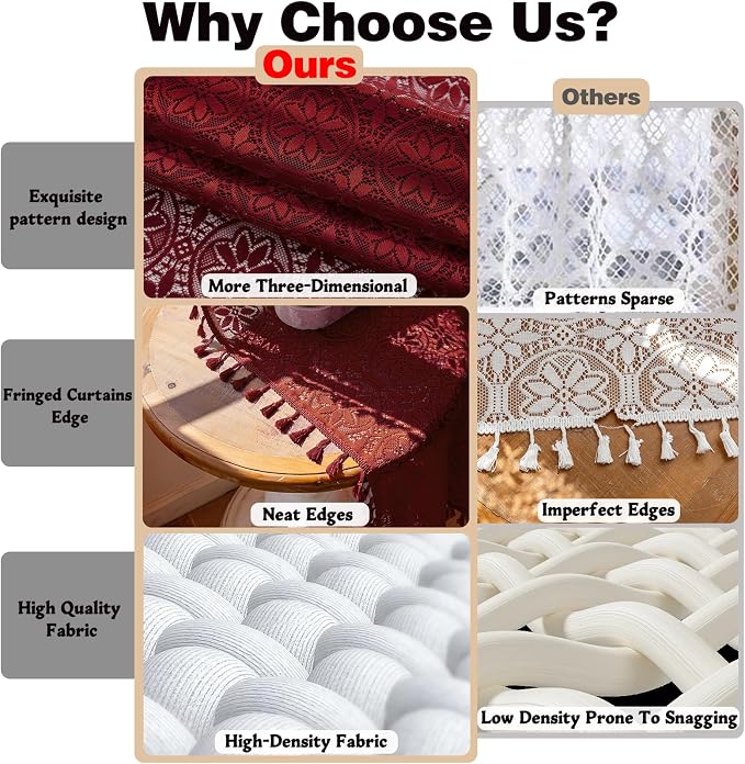 Sutuo Home Vintage Boho Lace Red Curtains 96 inches Long 2 Panels Tassels | Semi Sheer Curtains Drape for Living Room Bedroom Floral Bohemian Privacy Crochet Cottagecore Decor Rod Pocket,50" W Burgundy