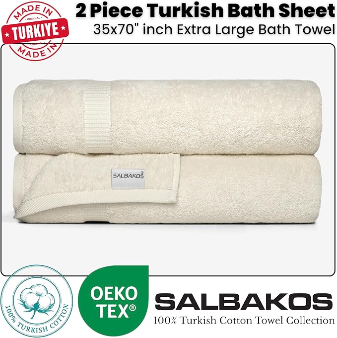 SALBAKOS 2-Piece 100% Turkish Cotton Bath Towels, Extra-Large 35x70, Ivory | Oversized Bath Sheet Towel for Bathroom & Beach, Thick, Super Soft, Highly Absorbent, Premium Hotel Quality, Made in Turkey