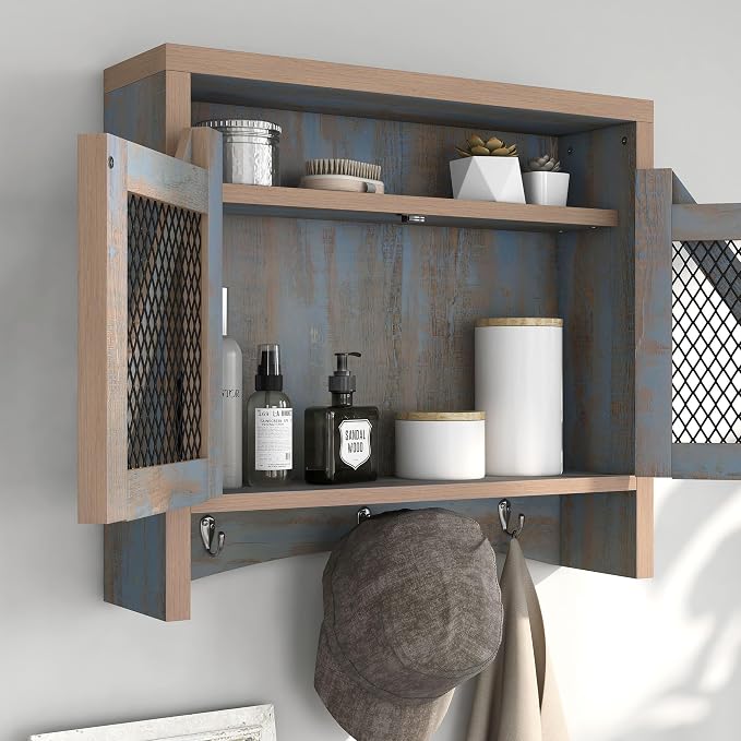 UNA Farmhouse 2 Shelves Wood Wall Cabinet with Net Doors for Bathroom, Kitchen, Living Room, Bedroom, Home Office, Laundry Room, Distressed Blue