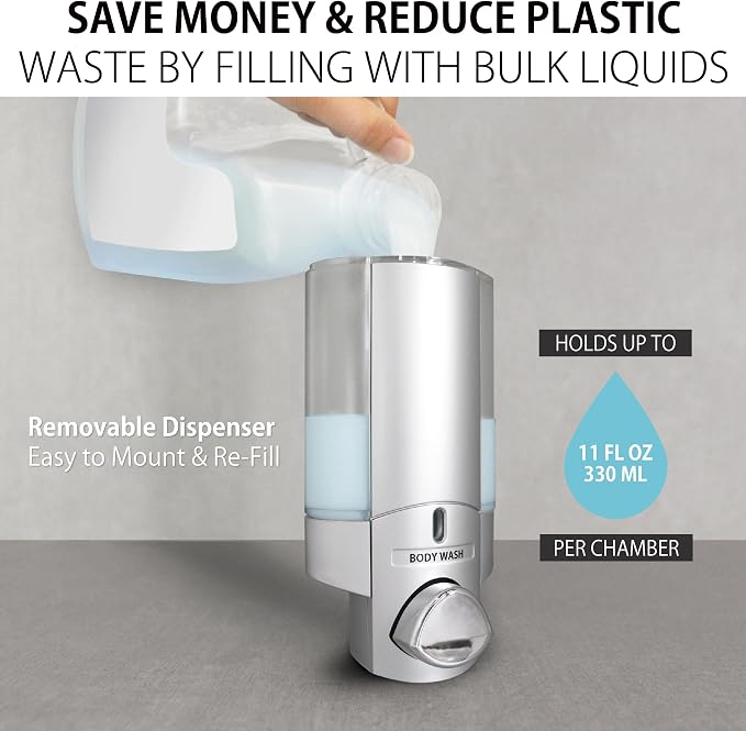 Better Living Aviva Wall Mount Shower Dispenser, 2 x 11oz, Satin Silver | 2 Chamber, Shampoo, Conditioner, Body Wash and Soap Dispenser, Built-in Hooks, No Drill, Waterproof Shampoo Soap Dispenser