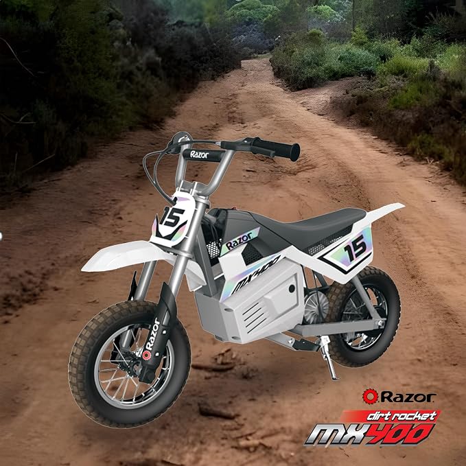 Razor MX400 Dirt Rocket Electric Bike for Kids Ages 8+, 140 lb Max Weight, White – 24V Battery, Up to 14 Mph, 30-Min Ride Time on High Speed, Twist-Grip Throttle, Spoked Wheels w/ 12” Pneumatic Tires