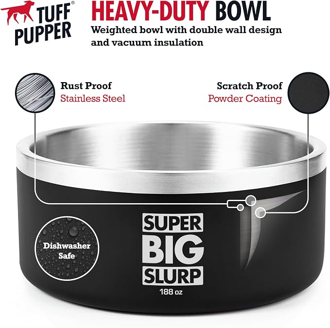 Tuff Pupper Heavy Duty Insulated Dog Bowl | Double Wall Stainless Steel Dog Food Dish | Non-Slip Spill Proof Dishwasher Safe Cat Bowl | Water Dish for Feeding Large Medium Small Pets (188oz, Black)