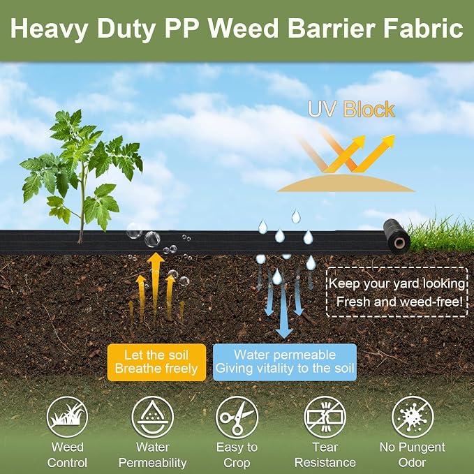 KANAGAWA 5ft x 300ft Weed Barrier Fabric, 6oz Heavy-Duty Woven Landscape Fabric with Staples, Breathable Weed Control for Garden Beds, Driveways, Farming & Landscaping