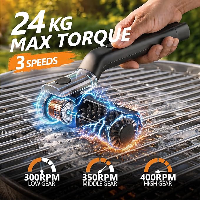 Electric Grill Brush- 24kg Max Torque BBQ Cleaner with 3-Speed Modes- 200-Min Runtime- 7-Level Adjustable Angle, Reinforced Bristles, Safe for Porcelain, Cast Iron, Stainless Steel & Outdoor Grills