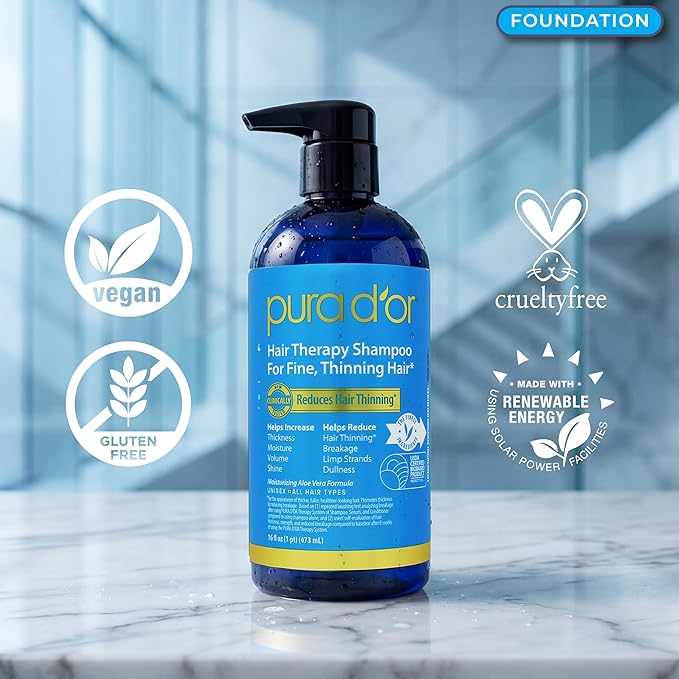 PURA D'OR Hair Thinning Therapy Biotin Shampoo and Conditioner Set, CLINICALLY TESTED Effective Results, Hair Thickening Products For Women & Men, Herbal Scent, Color Safe, 16oz x2