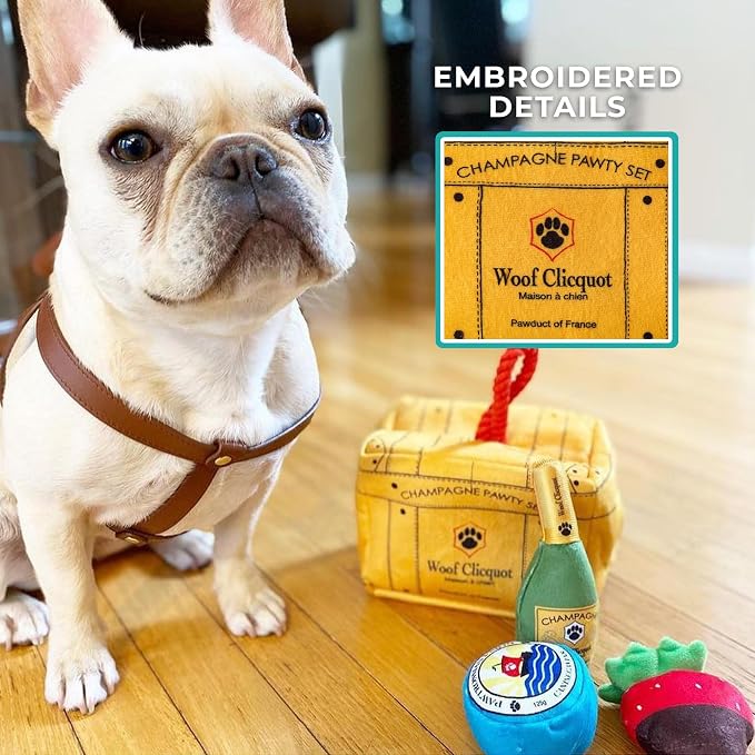 Haute Diggity Dog Woof Clicquot Pawty Set, Plush Designer Dog Toys with Interactive Squeaker, Stimulating Pet Enrichment, Machine-Washable & Safe Materials for All Breeds, One Size