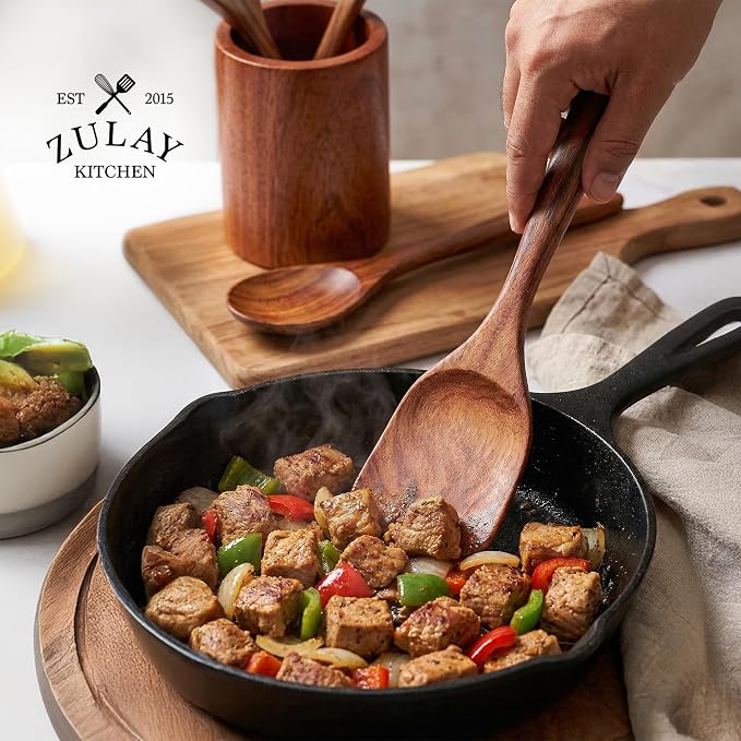 Zulay Kitchen 7-Piece Wooden Cooking Spoons Set – Heat-Resistant, Smooth Teak Utensils with Comfort Grip – Lightweight & Durable – Easy to Clean, Perfect for Non-Stick Cookware