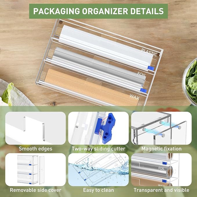 Kitchen Wrap Organizer, Foil and Plastic Wrap Organizer 3 in 1 with Sliding Cutter, Acrylic Wrap Dispenser for Drawer or Wall Mount, Fits 12 Inch Rolls