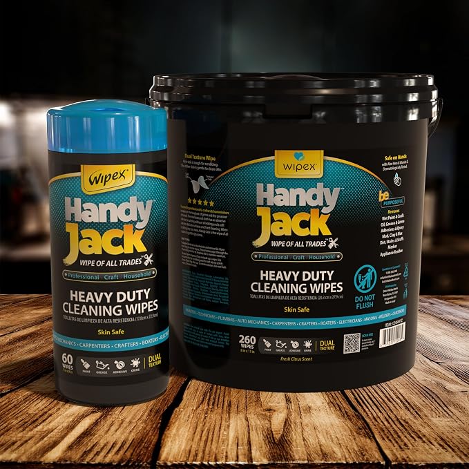 Wipex Handy Jack Heavy Duty Wipes, Dual Texture Cleaning Cloth, Use on Hands, Equipment, Tools - Removes Paint, Adhesives, Oil, Grease, & Dirt, Bulk Size, 260 Count (Pack of 1)