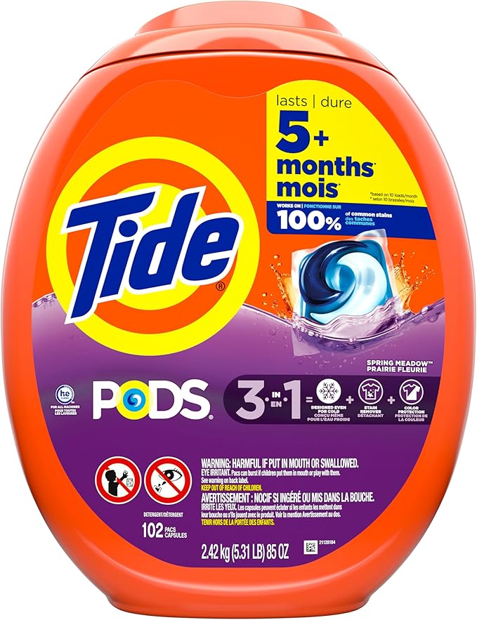 Tide PODS laundry detergent pacs, 3-in-1 Stain Remover, Odor Fighter, Color Protector, 102 Count, HE compatible, Spring Meadow Scent