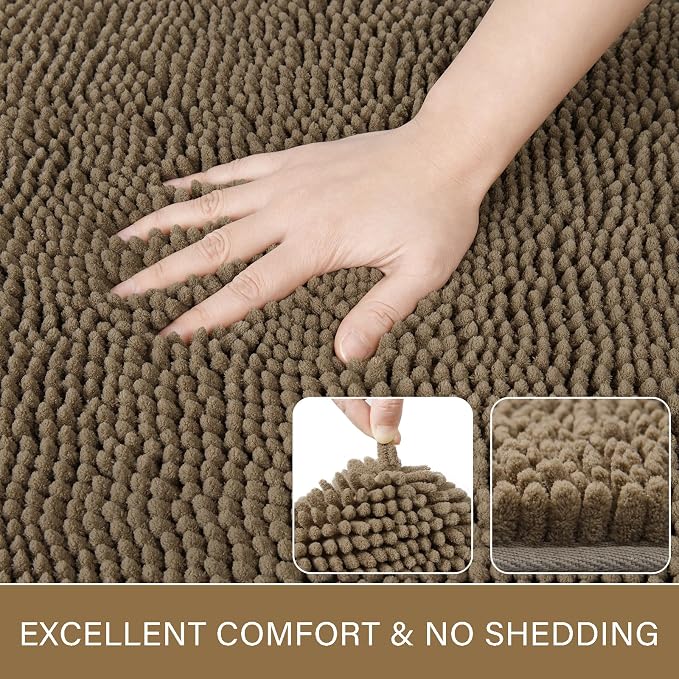 LOCHAS Luxury Bathroom Rug Shaggy Bath Mat 24 x 60 Inch, Tan | Washable Non Slip Bath Rugs for Bathroom Shower, Soft Plush Chenille Absorbent Carpets