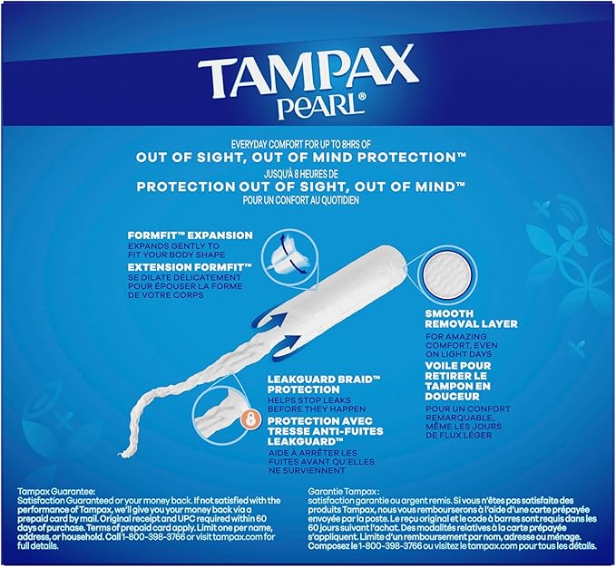 Tampax Pearl Tampons for Women Multipack, with LeakGuard Braid, Light/Regular/Super Absorbency, Unscented, 47 Count