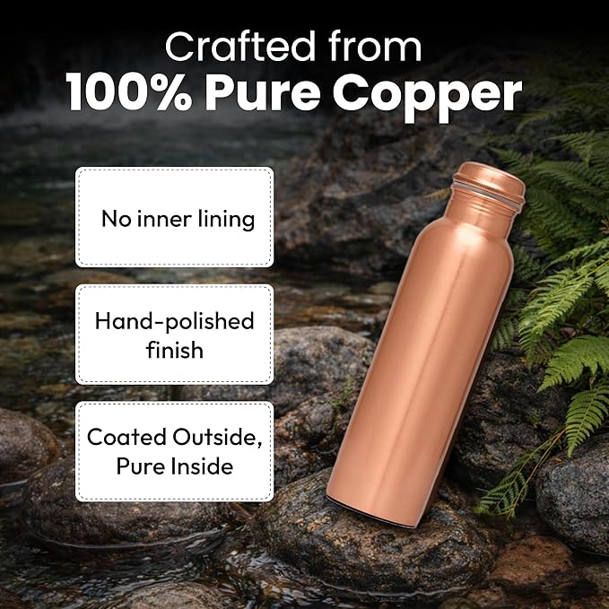 Pure Copper Water Bottle for Drinking Water, 34 Oz Plain Finish with Leak-Proof Cap, Stay Hydrated and Enjoy Natural Benefits. Handcrafted Reusable Water Bottle with Bag & Cleaning Brush