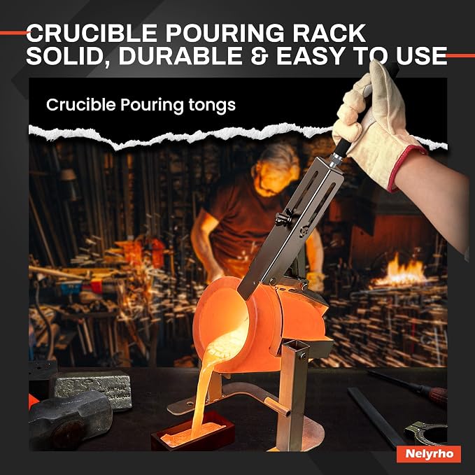 Nelyrho Handheld Crucible Pouring Tongs with Crucible #20 (20kg-44lbs) | Includes pouring rack and graphite crucible, designed for use with melting furnaces, casting gold, silver, aluminium, brass