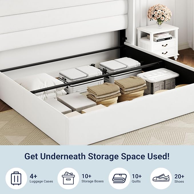 Allewie King Size Lift Up Hydraulic Storage Bed Frame White | Modern Wingback Headboard, Hydraulic Support Storage, No Box Spring Needed