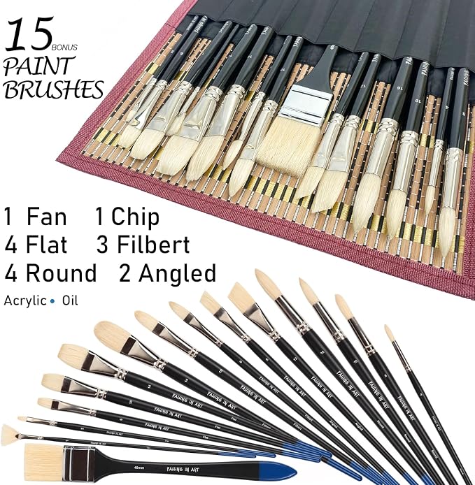 Falling in Art Oil Paint Brush Set, Natural Hog Bristle Paintbrush Set, 15PCS Long Handled Professional Paint Brushes for Acrylic Painting, Oil Paint Brushes with Bamboo Storage Pouch