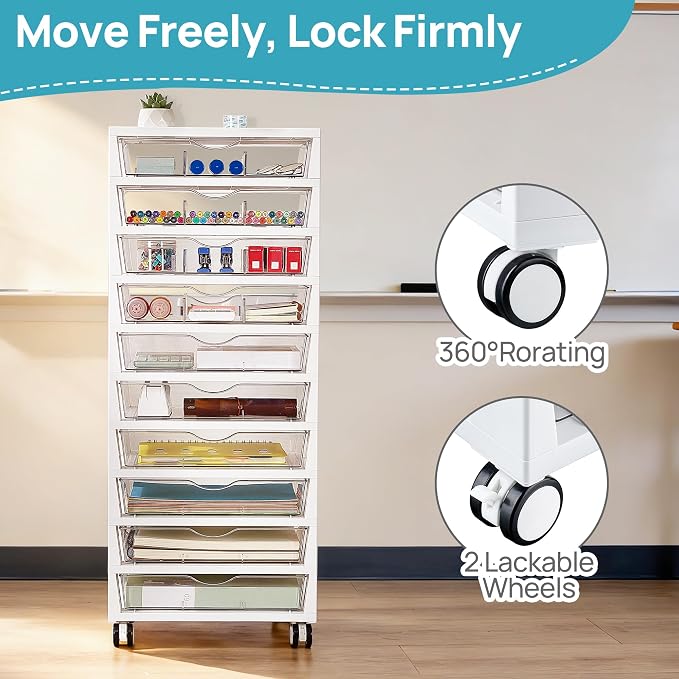 Vtopmart 10 Tier Rolling Cart with Drawers, Clear Plastic Drawers with Removable Dividers for Art &Office Supplies, Beauty Products, Toy, Under Desk Storage for Craft Room, Classroom