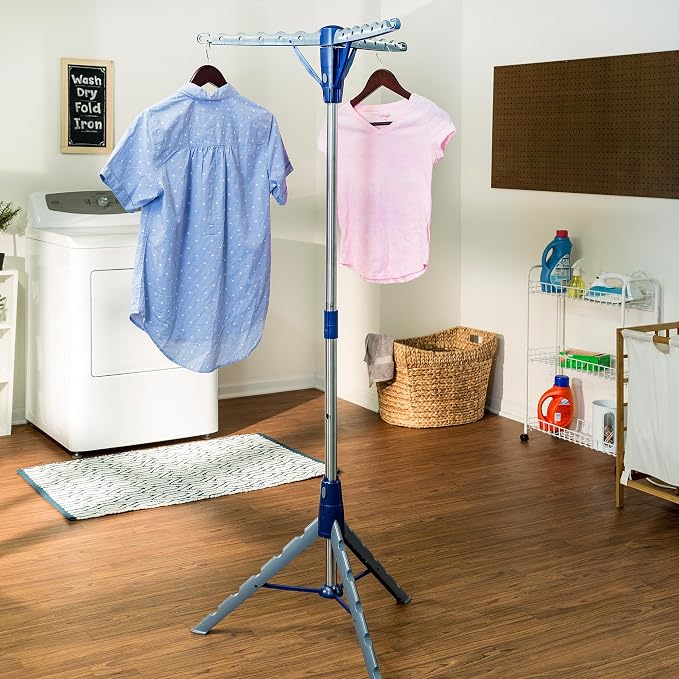 Honey-Can-Do 64-Inch Steel Tripod Clothes Drying Rack, Foldable Collapsible Laundry Stand with 3 Rotatable Arms, Holds 30 Hangers, Space-Saving Indoor Outdoor Air Dry Rack, Blue