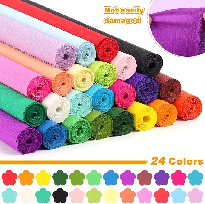 188 Pcs Heavy Crepe Paper Kit, 24-Color 16.5×98 Inch Rolls, with Glue Gun, Scissors, Wire, Floral Tape, Floral Stems - Perfect for Crepe Paper Flowers, Piñatas, Wedding Party Decor, DIY Craft Projects