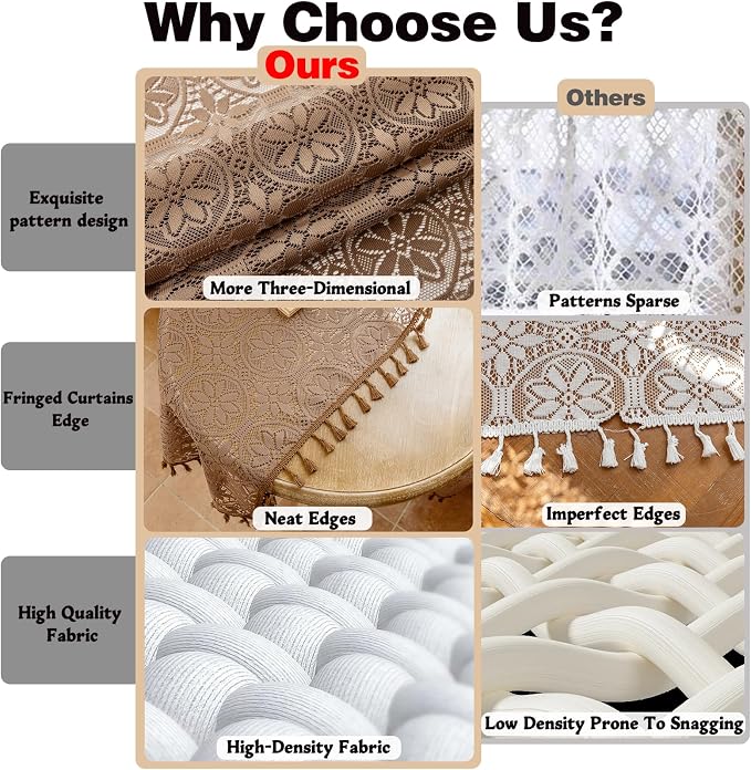 Sutuo Home Boho Sheer Curtains 2 Panels 84 inches Long for Bedroom Living Room,Caramel Lace Curtains Cottage Crochet Bohemian Floral Farmhouse Victorian Vintage Tassels Rod Pocket, 50" W,Dark Coffee