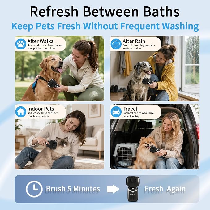Cold Plasma Pet Grooming Brush for Dogs & Cats, Fine Mist Deshedding Comb Helps Reduce Odor & Loose Hair, Rechargeable Self-Cleaning Brush, Includes Waterless Shampoo