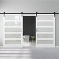 96" x 84" 5-Lites Frosted Glass Double Barn Doors and 16FT Track Hardware Kit, Easy Assembly for Mortise and Tenon Structure, Water & Scratch Resistant Sliding Barn Door, Easy to Clean, Pre-Drilled