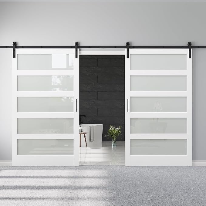 96" x 84" 5-Lites Frosted Glass Double Barn Doors and 16FT Track Hardware Kit, Easy Assembly for Mortise and Tenon Structure, Water & Scratch Resistant Sliding Barn Door, Easy to Clean, Pre-Drilled