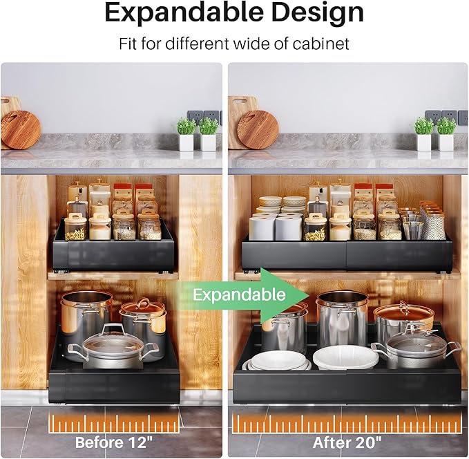 6 Pack Pull out Cabinet Organizer, Expandable(12"-20") Heavy Duty Slide out Drawer Fixed with Adhesive Nano Film for Pots, Roll out Shelf Storage for Kitchen Organization, Pantry, Bathroom(Black)
