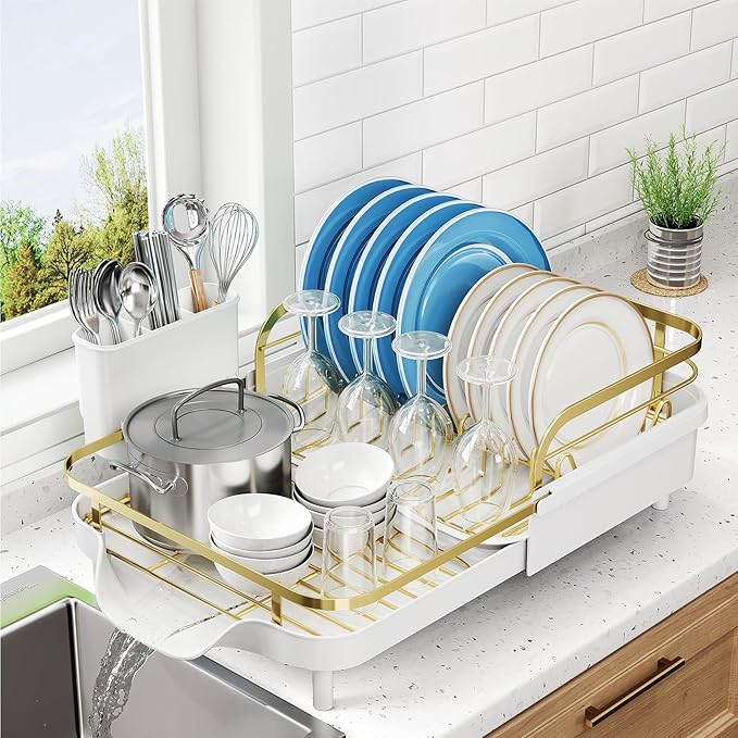 SNTD Dish Drying Rack, Expandable Dish Rack for Kitchen Counter, Stainless Steel Dish Drainer with Drainboard Set and Utensil Holder (Gold)
