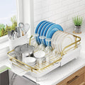 SNTD Dish Drying Rack, Expandable Dish Rack for Kitchen Counter, Stainless Steel Dish Drainer with Drainboard Set and Utensil Holder (Gold)