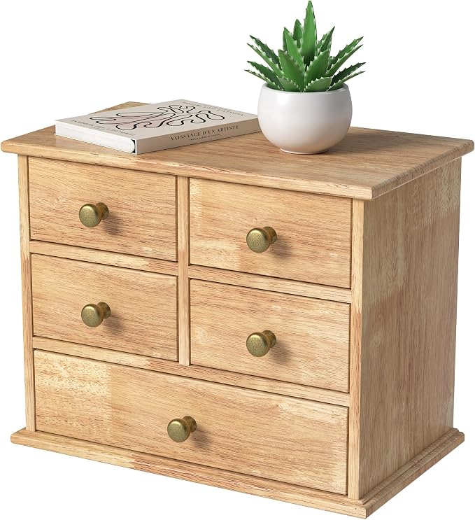 Oak Desk Organizer with Drawers, Wooden Desktop Storage Box with Metal Handles & Non-Slip Silicone Pads, 5 Drawer Tabletop Organizer for Office, Bedroom, Bathroom, Vanity, Makeup – Light Burnt Brown