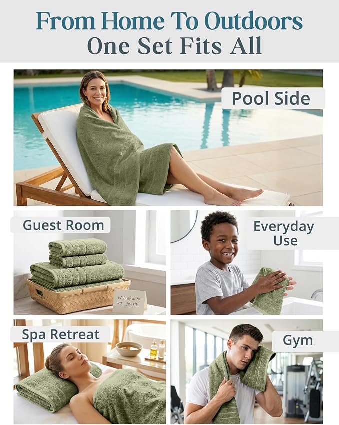 Casa Platino Towel Set for Bathroom 12 Piece Soft Absorbent - Oil Green | Shower Towels - Oversized & Roomy, Lightweight & Breathable, Fade-Resistant Color, Classic Terry Weave, Densely Woven