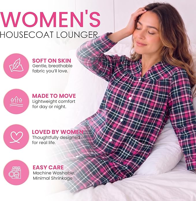 Casual Nights Women's Floral Snap Front Flannel Duster Long Sleeve Lounger Dress
