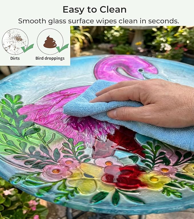 Large Glass Bird Bath with Metal Stand, Flamingo | 18" Wide Bowl, 3.2" Bathing Depth, Thick Glass Construction, Stable 3-Leg Base, Easy Clean Surface, Garden Decor